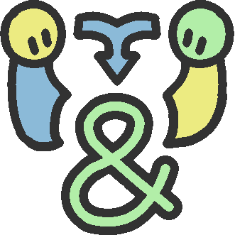 an arrow pointing from two people to an ampersand, in the colors of the black blue green and yellow system flag